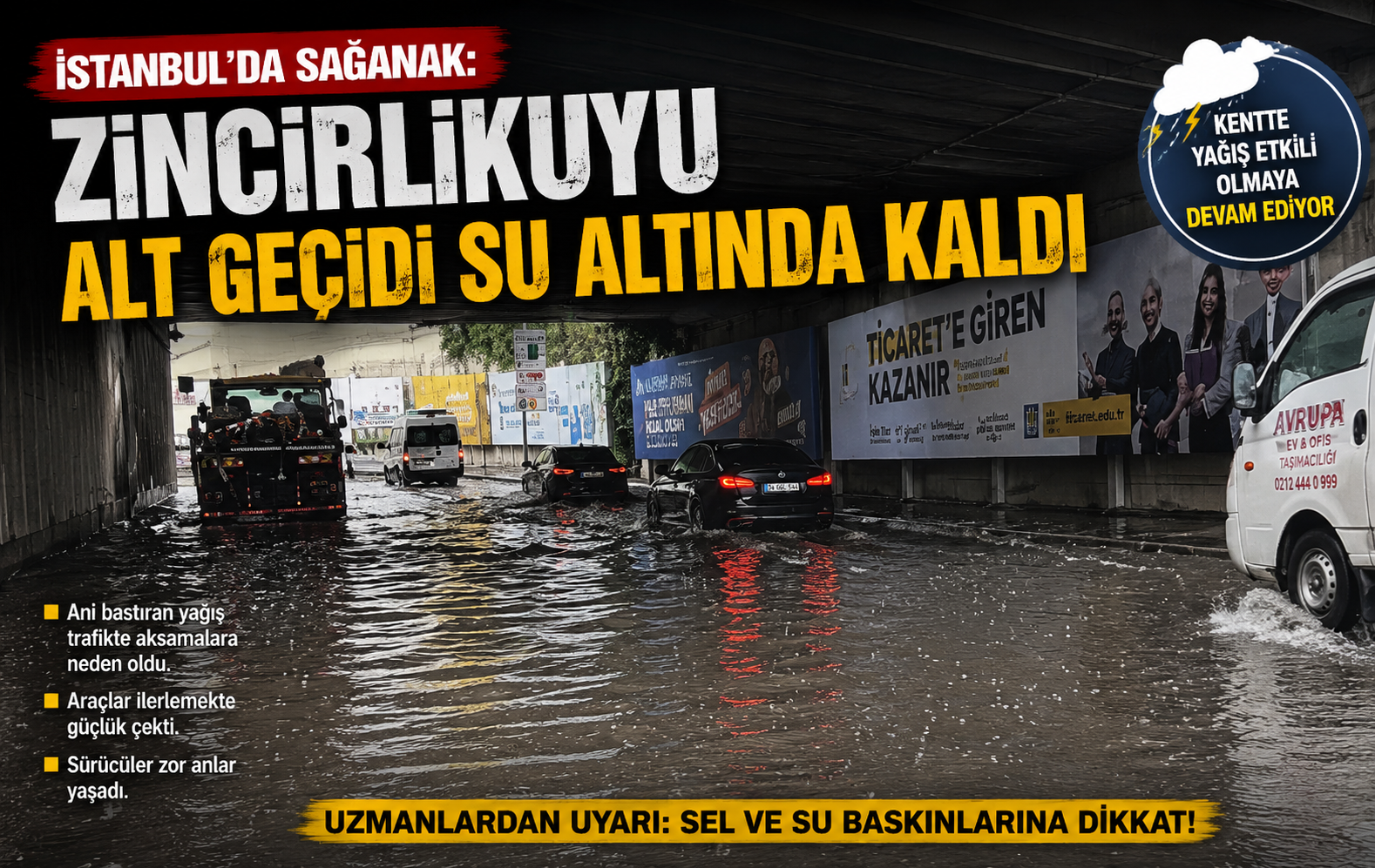 İstanbul’da sağanak: Zincirlikuyu alt geçidi su altında kaldı